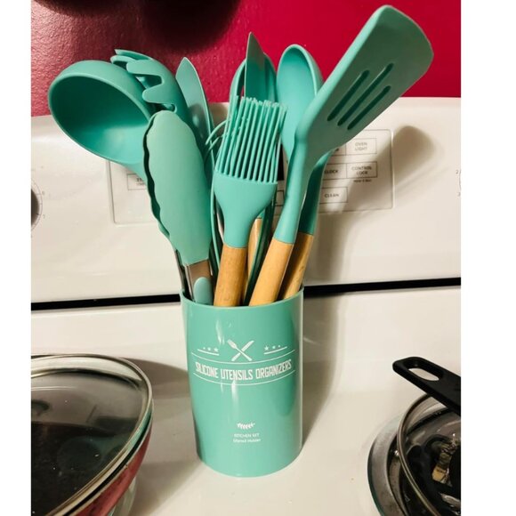 33 pcs Non-Stick Silicone Cooking Kitchen Utensil Spatula Green Set with Holder - Picture 3 of 9